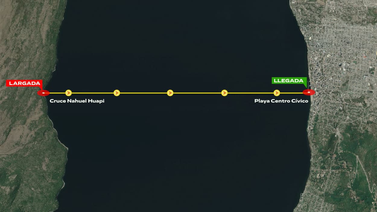 Mapa del recorrido de 8 km cruzando el lago Nahuel Huapi, con la largada en Playa del Arroyo Castilla y la llegada en el Museo Malvinas del Atlántico Sur