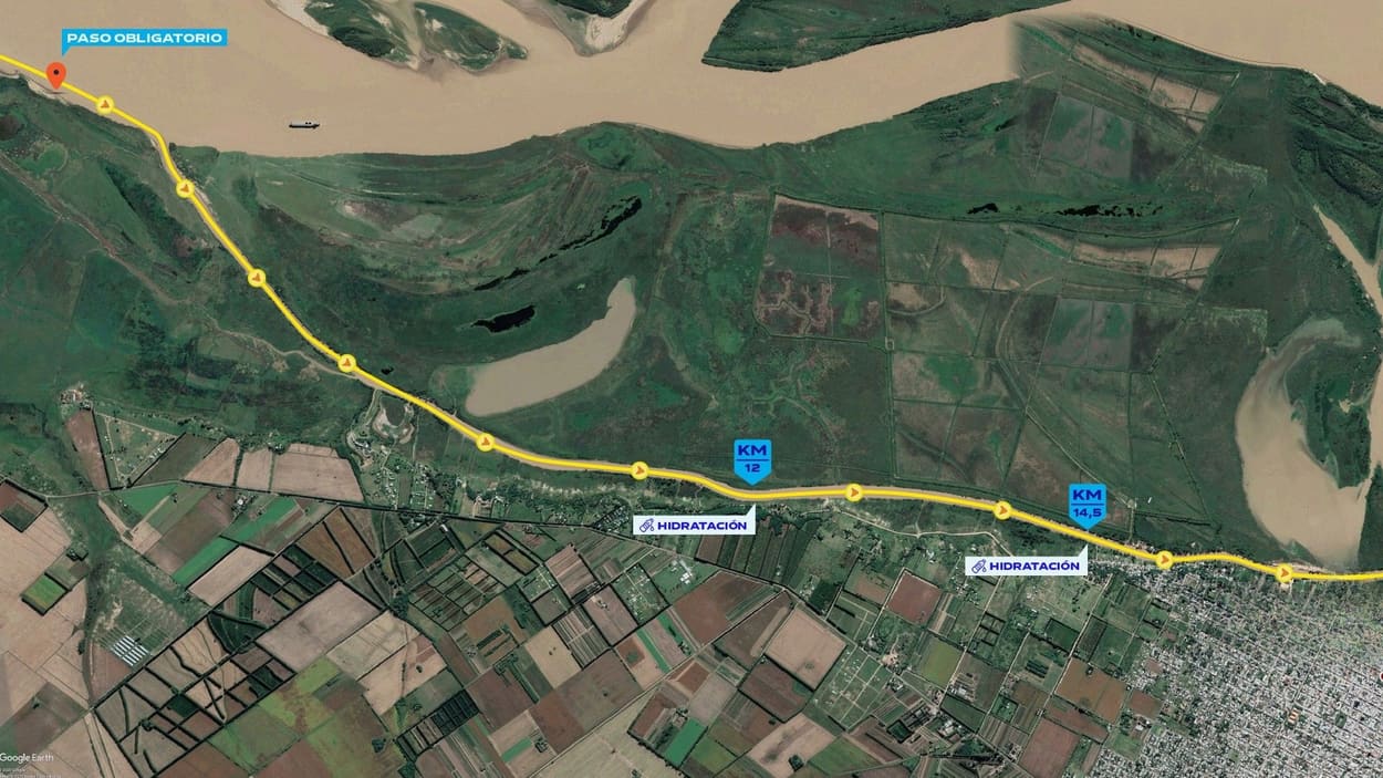 Mapa del tramo 2 de la Vuelta de Obligado, con los puestos de hidratación y los km 12 y 14,5