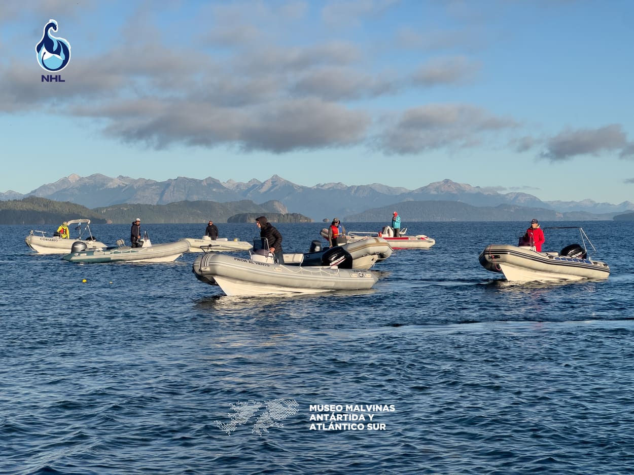 Lanchas de apoyo sobre el lago Nahuel Huapi, con la cordillera en el horizonte