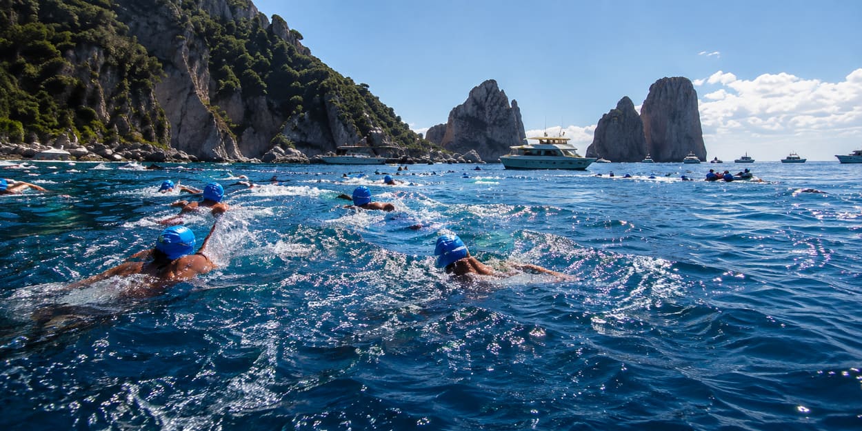 Nadadores en Capri–Nápoli, Italia